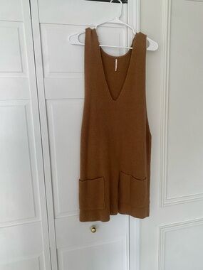 Free People Ribbed V-Neck Knit Dress in Caramel Brown
